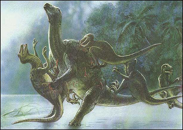 Группа дейнонихусов, нападающих на клювоносого тенонтозавра